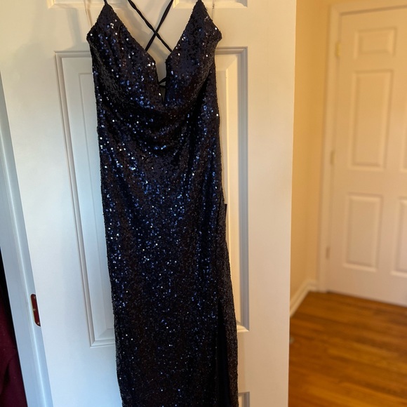 Sparkling Starlet Navy Blue Sequin Lace-Up Midi Dress - Picture 5 of 10